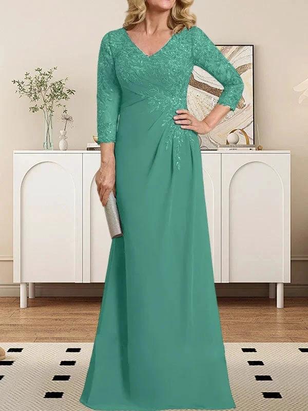 Sheath/Column V-Neck Illusion Floor-Length Lace Chiffon Mother of the Bride Dress With Pleated Sequins by Dreamylily