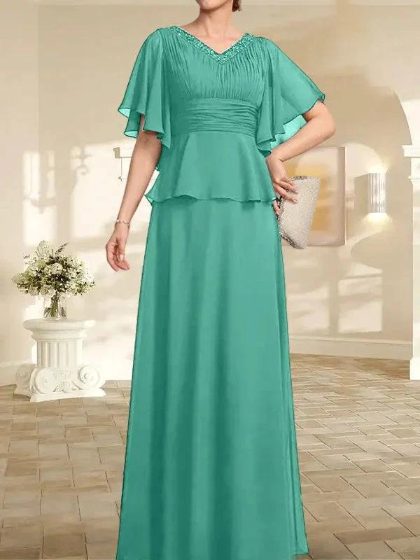 A-line V-Neck Floor-Length Chiffon Mother of the Bride Dress With Pleated Beading by Dreamylily