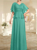 A-line V-Neck Floor-Length Chiffon Mother of the Bride Dress With Pleated Beading by Dreamylily