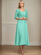 A-line Square Tea-Length Chiffon Lace Mother of the Bride Dress With Sequins Beading by Dreamylily