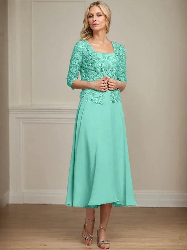 A-line Square Tea-Length Chiffon Lace Mother of the Bride Dress With Sequins Beading by Dreamylily