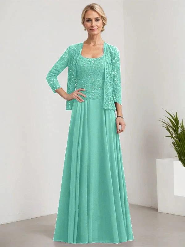 A-line Square Floor-Length Lace Chiffon Mother of the Bride Dress With Sequins by Dreamylily