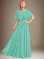 A-line Boat Neck Floor-Length Lace Chiffon Mother of the Bride Dress With Applique Sequins by Dreamylily
