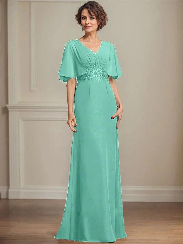 A-line V-Neck Floor-Length Chiffon Mother of the Bride Dress With Pleated Sequins Appliques Lace by Dreamylily