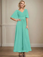 A-line V-Neck Ankle-Length Chiffon Mother of the Bride Dress With Pleated Beading Sequins by Dreamylily