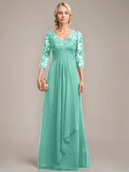 A-line V-Neck Floor-Length Lace Chiffon Mother of the Bride Dress With Cascading Ruffles Sequins by Dreamylily