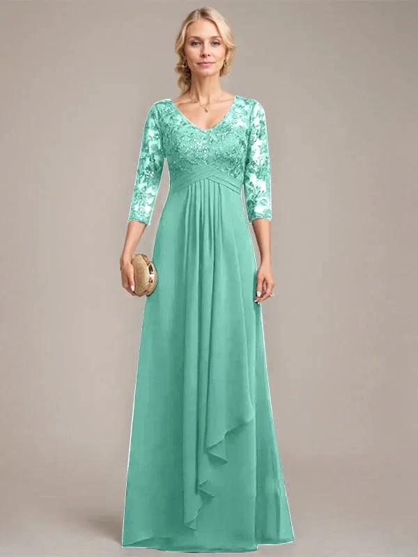 A-line V-Neck Floor-Length Lace Chiffon Mother of the Bride Dress With Cascading Ruffles Sequins by Dreamylily