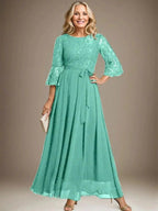 A-line Scoop Ankle-Length Lace Chiffon Mother of the Bride Dress With Bow by Dreamylily