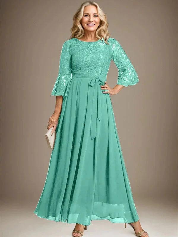 A-line Scoop Ankle-Length Lace Chiffon Mother of the Bride Dress With Bow by Dreamylily