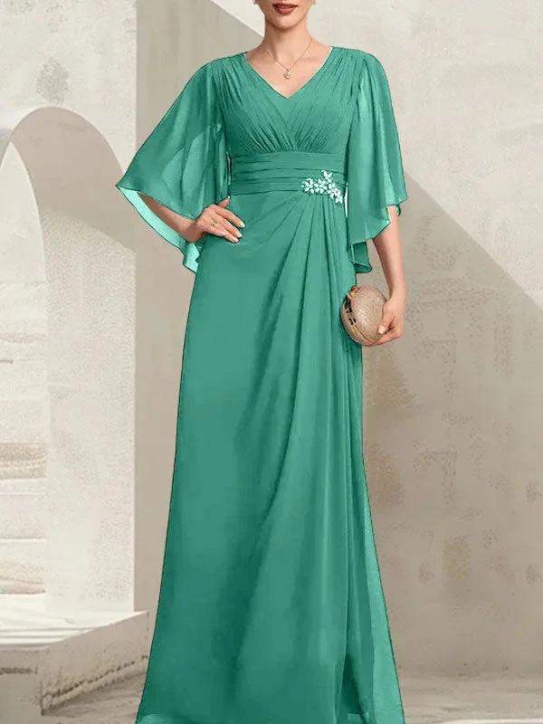 Sheath/Column V-Neck Floor-Length Chiffon Mother of the Bride Dress With Pleated Sequins Beading by Dreamylily