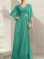 Sheath/Column V-Neck Floor-Length Chiffon Mother of the Bride Dress With Pleated Sequins Beading by Dreamylily