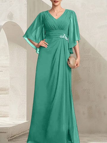 Vestido de gasa para madre de la novia, con escote en V, largo hasta el suelo, con lentejuelas plisadas y abalorios