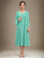 A-line Scoop Tea-Length Lace Chiffon Mother of the Bride Dress With Sequins by Dreamylily