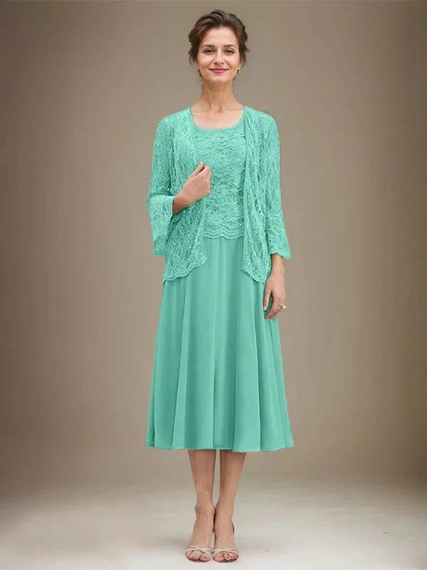 A-line Scoop Tea-Length Lace Chiffon Mother of the Bride Dress With Sequins by Dreamylily