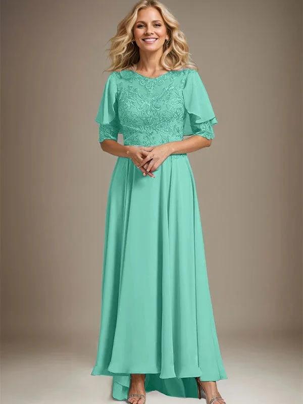 A-line Scoop Illusion Asymmetrical Chiffon Lace Mother of the Bride Dress With Beading by Dreamylily
