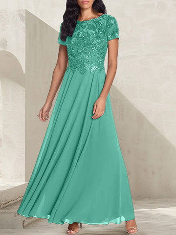 Vestido largo de madre de la novia con escote redondo, corte A, color gris carbón y cuentas