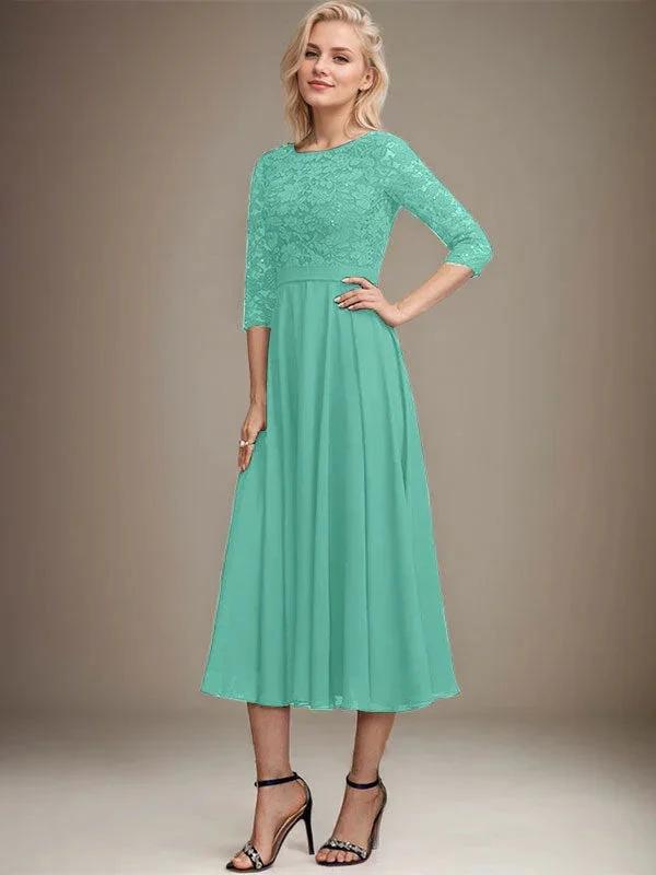 A-line Scoop Tea-Length Lace Chiffon Mother of the Bride Dress With Sequins by Dreamylily