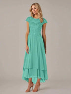 A-line Boat Neck Illusion Asymmetrical Chiffon Lace Mother of the Bride Dress With Applique Pleats by Dreamylily