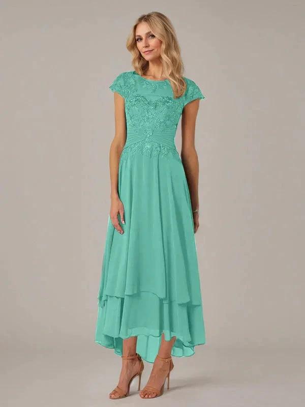 A-line Boat Neck Illusion Asymmetrical Chiffon Lace Mother of the Bride Dress With Applique Pleats by Dreamylily