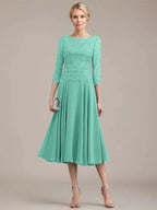A-line Scoop Tea-Length Lace Chiffon Mother of the Bride Dress by Dreamylily