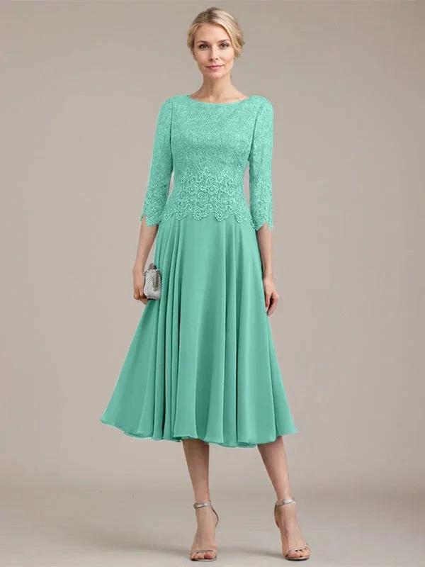 A-line Scoop Tea-Length Lace Chiffon Mother of the Bride Dress by Dreamylily