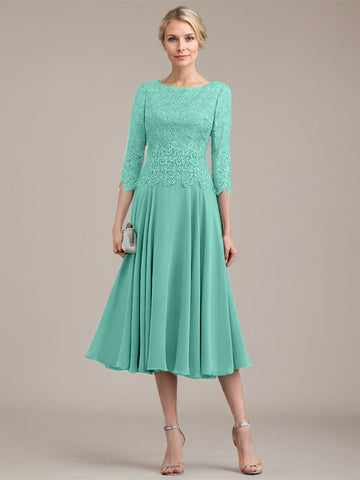 A-line Scoop Tea-Length Lace Chiffon Mother of the Bride Dress