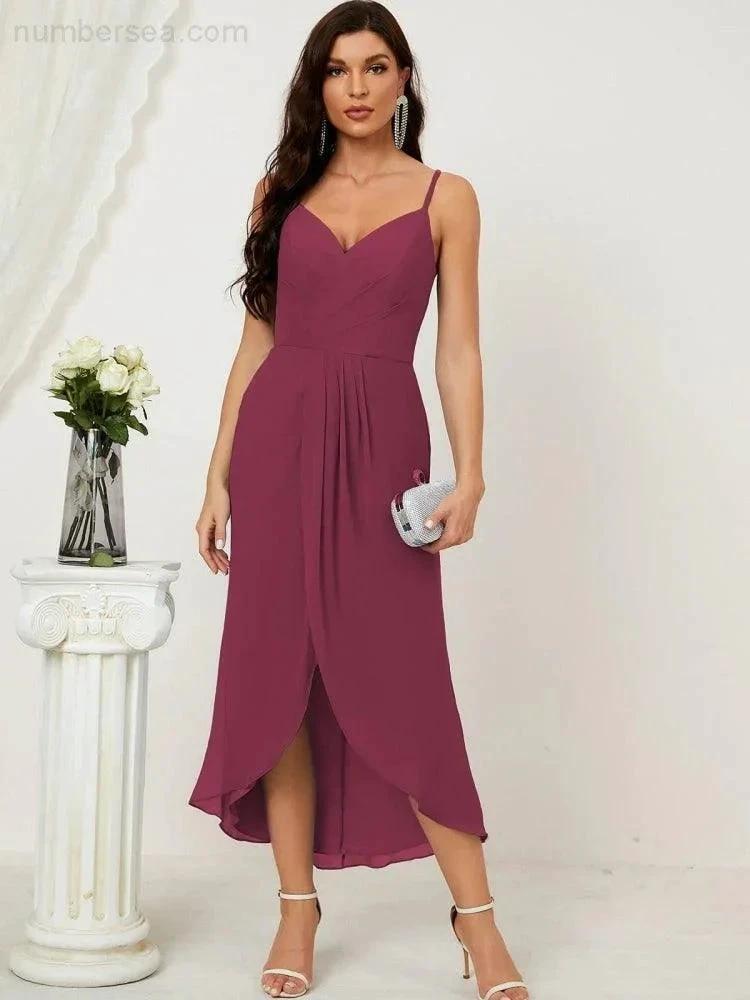 Numbersea Spaghetti Chiffon V Neck Bridesmaid Dress Mid-Length Slit Formal Prom Dress Homecoming Dress 2803 by numbersea
