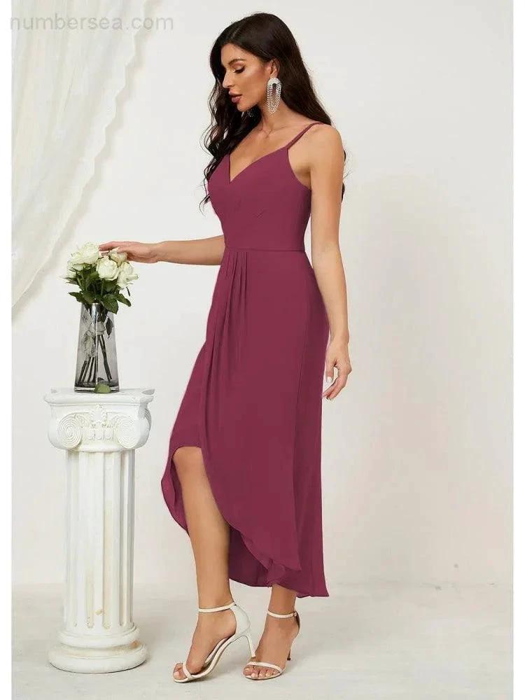 Numbersea Spaghetti Chiffon V Neck Bridesmaid Dress Mid-Length Slit Formal Prom Dress Homecoming Dress 2803 by numbersea