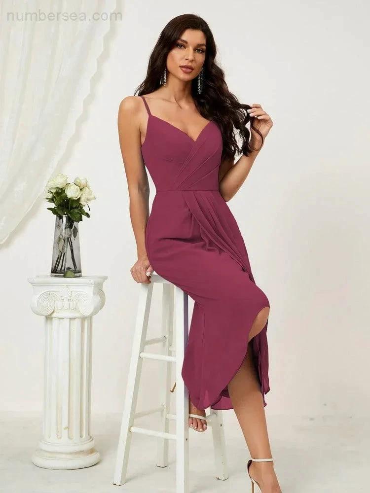 Numbersea Spaghetti Chiffon V Neck Bridesmaid Dress Mid-Length Slit Formal Prom Dress Homecoming Dress 2803 by numbersea