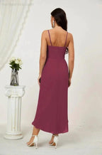 Numbersea Spaghetti Chiffon V Neck Bridesmaid Dress Mid-Length Slit Formal Prom Dress Homecoming Dress 2803 by numbersea