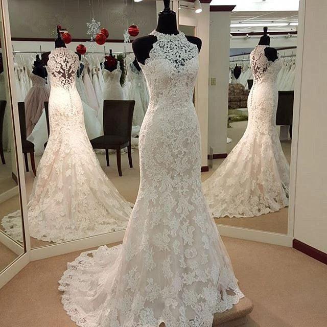 Jewel Neck Mermaid Lace Applique Sleeveless Wedding Dresses WD182 by pgmdress