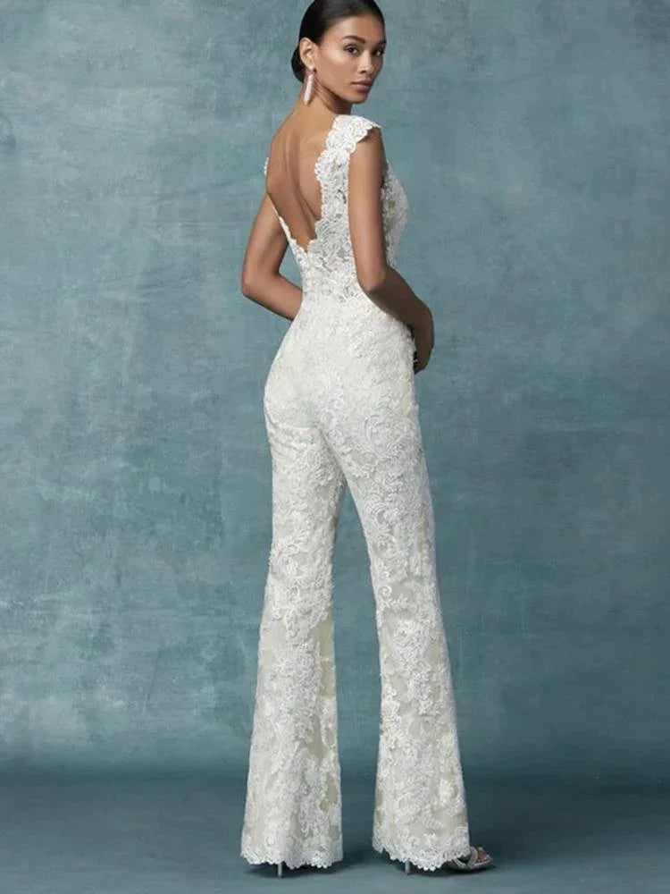 Wedding Dresses With Detachable Train Bride Pants Suit Lace Appliqued Sleeveless Women Brides Outfits Backless Custom by payinti