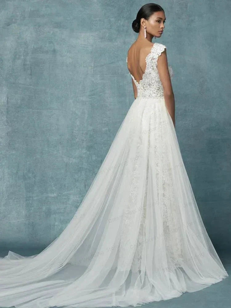 Wedding Dresses With Detachable Train Bride Pants Suit Lace Appliqued Sleeveless Women Brides Outfits Backless Custom by payinti