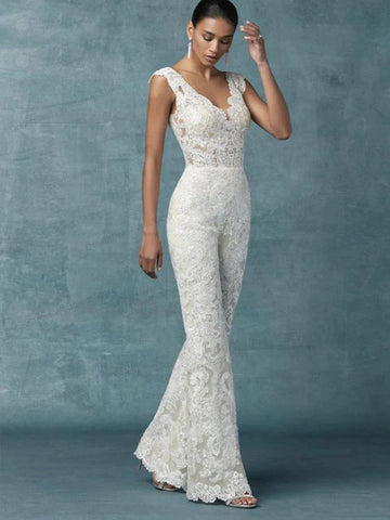 Wedding Dresses With Detachable Train Bride Pants Suit Lace Appliqued Sleeveless Women Brides Outfits Backless Custom