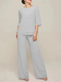 Jumpsuits Scoop Half Sleeves Chiffon Mother Of The Bride Pantsuits with Ruffles by Dreamylily
