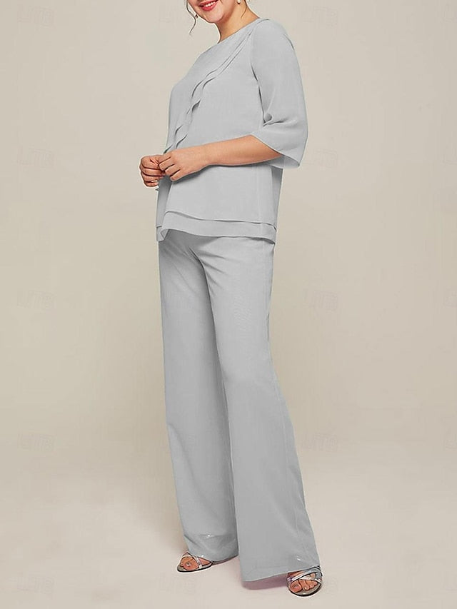 Jumpsuits Scoop Half Sleeves Chiffon Mother Of The Bride Pantsuits with Ruffles