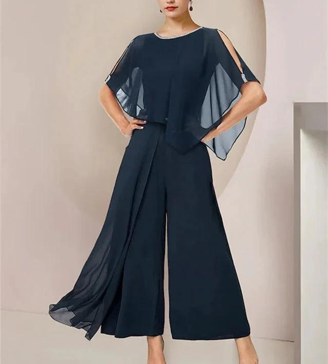 Chiffon Scoop Sleeveless Mother of the Bride Pantsuits with Belt by Dreamylily