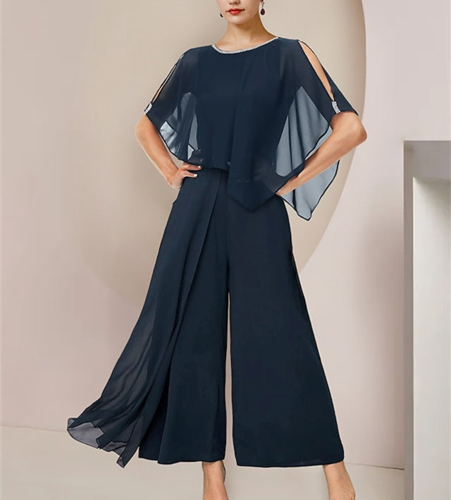Chiffon Scoop Sleeveless Mother of the Bride Pantsuits with Belt Hover Image