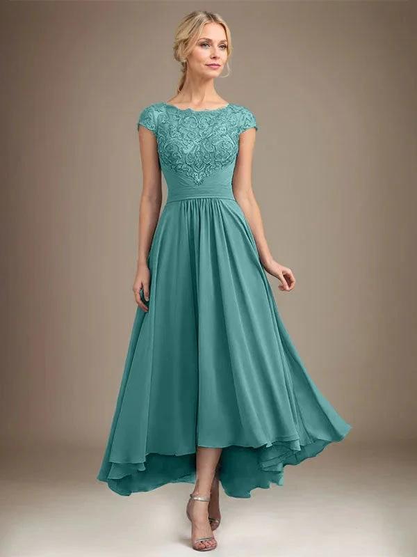 A-line Scoop Illusion Asymmetrical Lace Chiffon Mother of the Bride Dress With Pleated by Dreamylily