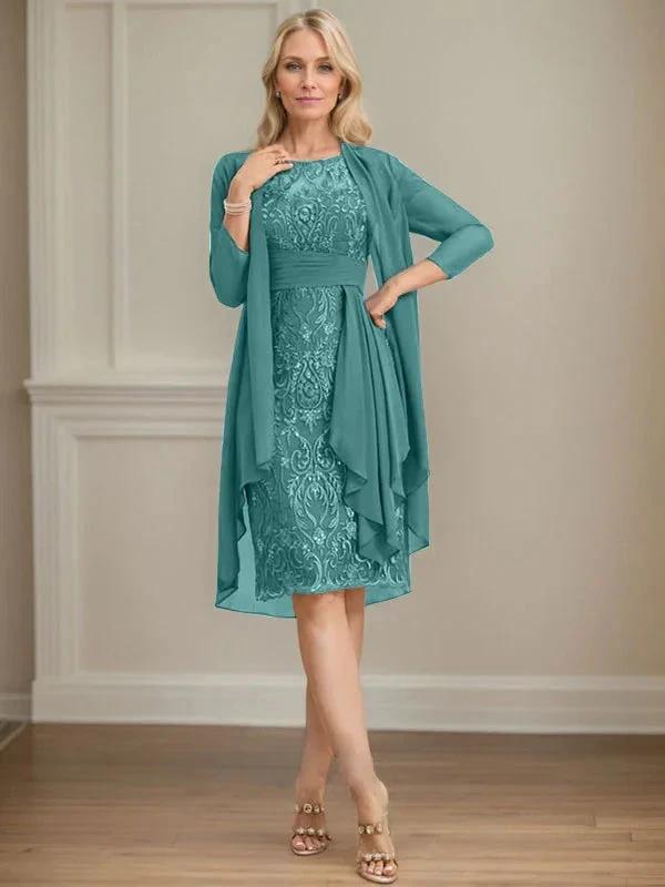 Sheath/Column Scoop Illusion Knee-Length Lace Chiffon Mother of the Bride Dress With Cascading Ruffles Sequins by Dreamylily