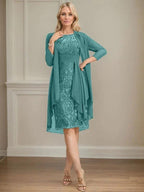 Sheath/Column Scoop Illusion Knee-Length Lace Chiffon Mother of the Bride Dress With Cascading Ruffles Sequins by Dreamylily