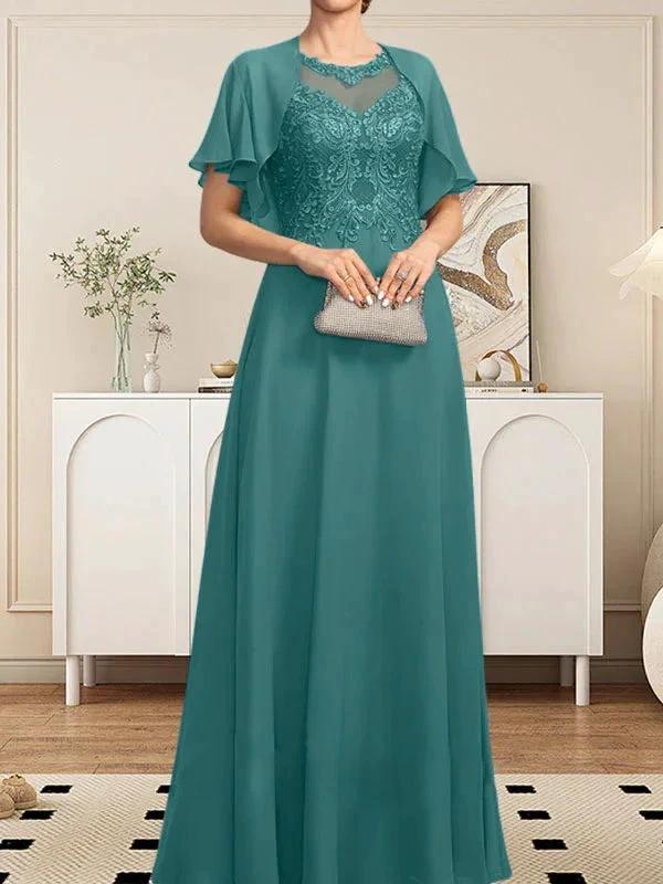 A-line Scoop Illusion Floor-Length Lace Chiffon Mother of the Bride Dress With Sequins by Dreamylily