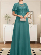 A-line Scoop Illusion Floor-Length Lace Chiffon Mother of the Bride Dress With Sequins by Dreamylily