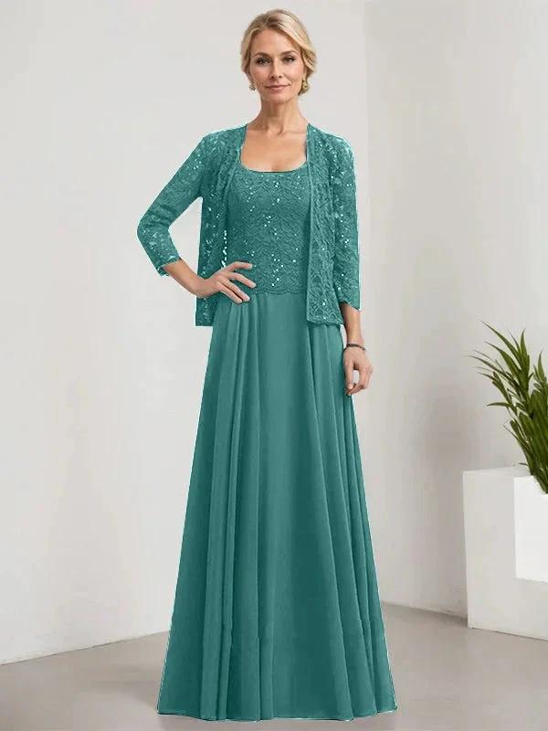 A-line Square Floor-Length Lace Chiffon Mother of the Bride Dress With Sequins by Dreamylily