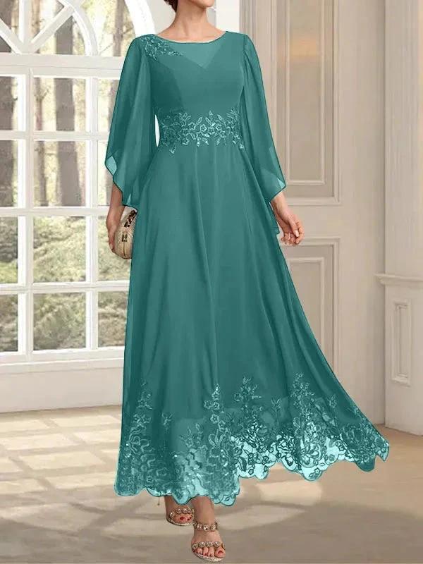A-line Scoop Illusion Ankle-Length Lace Chiffon Mother of the Bride Dress With Sequins by Dreamylily