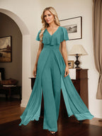 Jumpsuit/Pantsuit V-Neck Floor-Length Chiffon Evening Dress