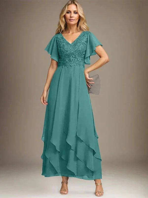 A-line V-Neck Ankle-Length Lace Chiffon Mother of the Bride Dress With Cascading Ruffles by Dreamylily