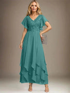 A-line V-Neck Ankle-Length Lace Chiffon Mother of the Bride Dress With Cascading Ruffles by Dreamylily