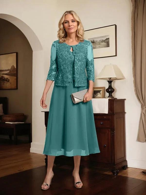 A-line Scoop Tea-Length Lace Chiffon Mother of the Bride Dress With Sequins by Dreamylily