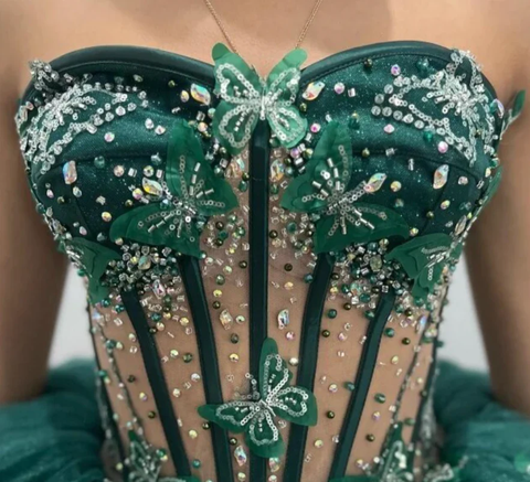 Vestido de tul verde con mariposas, vestido de quinceañera verde Y2344